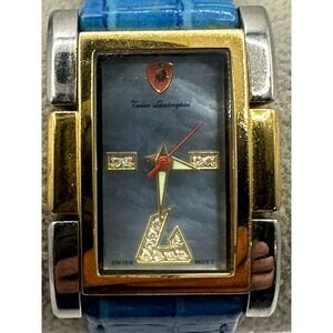 Tonino Lamborghini Womens Tank Watch Blue Leather Band 25MM 7.5" MOP New Battery
